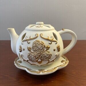PARTYLITE Teapot Tealight Candle Holder White Gold Flowers